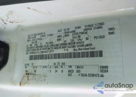 2009 Ford E-350 Super Duty Xl/Xlt z USA, uszkodzony, nr VIN 1FBSS31L39DA51273